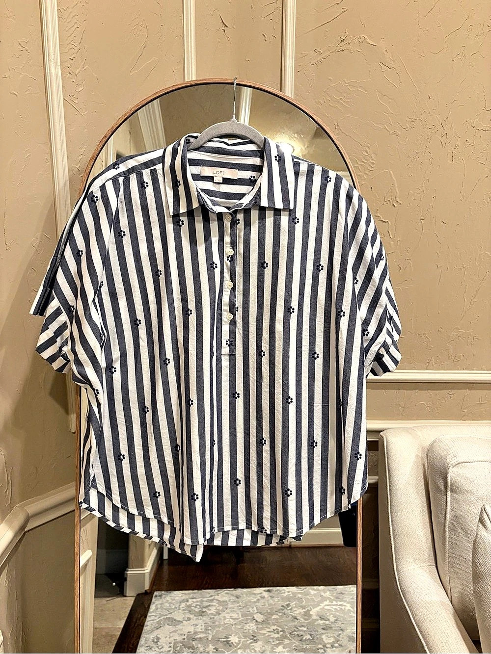 LOFT Striped Button Down Shirt Blue & White Large